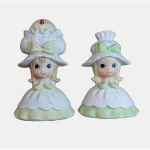 Vtg. Lefton Southern Belle Girl Figurines Bell Ringing, Big Bonnet Pin Cushion